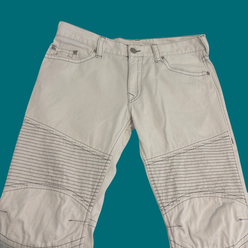 True Religion Moto White Jeans Mens XL 38x32 Gray Ribbed Panels Racing Biker